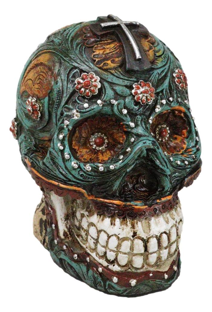 Faux Leather Turquoise Floral Scrollwork with Layered Cross Skull Money Bank Faux Leather Turquoise Floral Scrollwork with Layered Cross Skull Money Bank