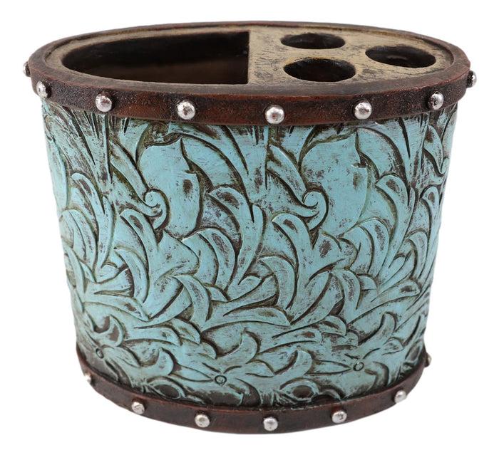 Faux Leather Western Turquoise Floral Bathroom Set Of 5 Vanity Accessory Accent