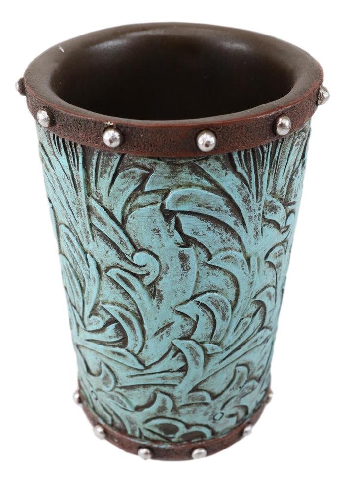 Faux Leather Western Turquoise Floral Bathroom Set Of 5 Vanity Accessory Accent