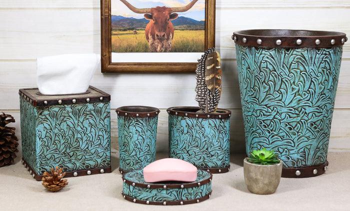 Faux Leather Western Turquoise Floral Bathroom Set Of 5 Vanity Accessory Accent
