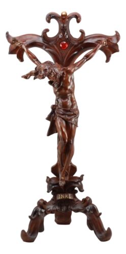 Faux Mahogany Wood Finish Large Jesus Christ Crucifix With Stand Statue 23"Tall