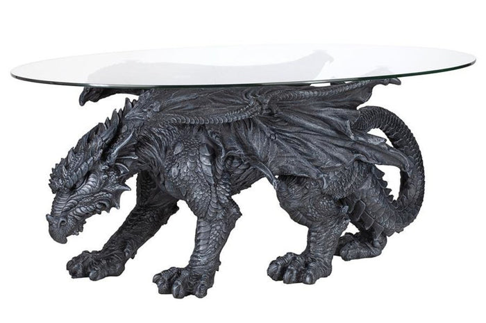 Faux Stone Medieval Gothic Prowling Dragon Sculptural Oval Coffee End Table