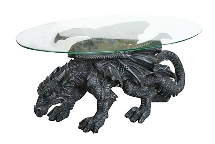 Faux Stone Medieval Gothic Prowling Dragon Sculptural Oval Coffee End Table
