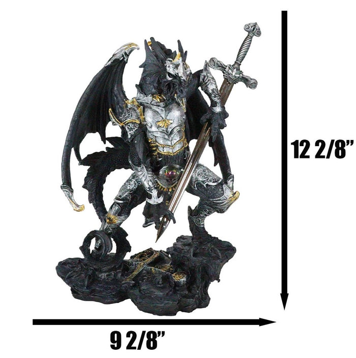Faux Stone Silver Armored Dragon Holding Excalibur Dagger Blade Sword Statue