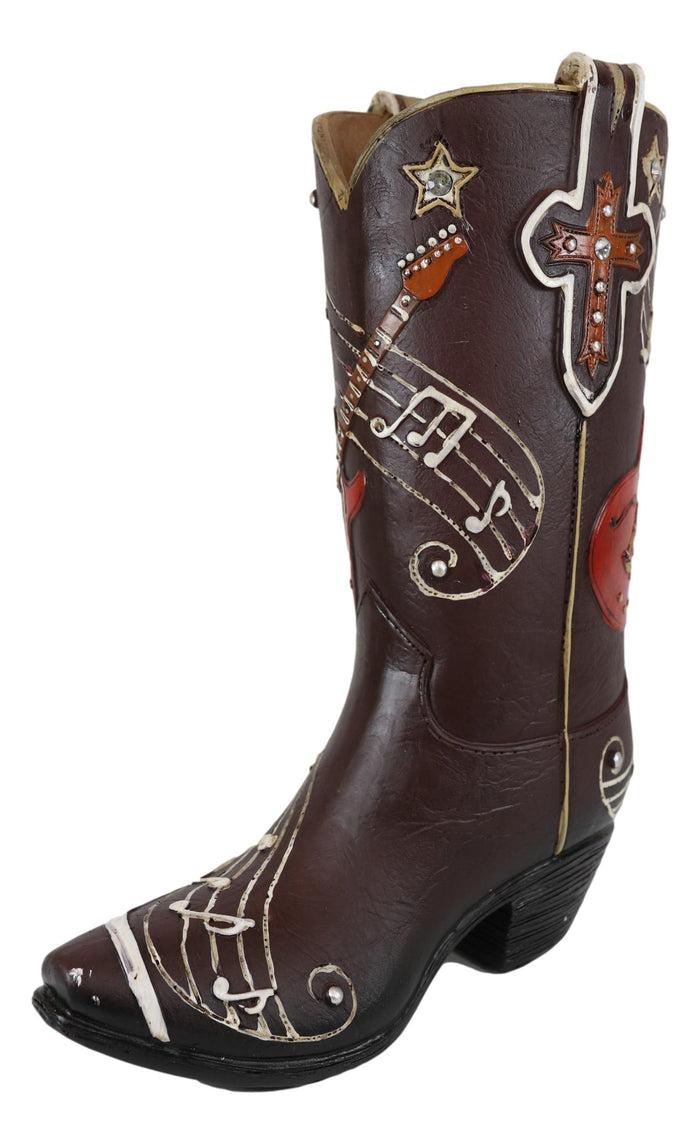 Faux Tooled Leather Cowboy Boot With Musical Notes And Guitar Vase Figurine