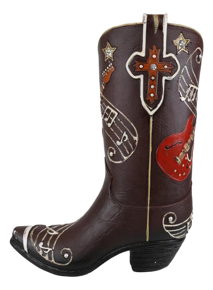 Faux Tooled Leather Cowboy Boot With Musical Notes And Guitar Vase Figurine