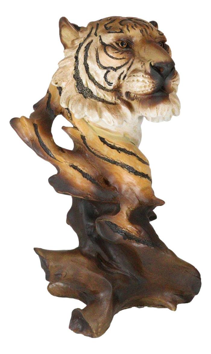 Faux Wood Large Exotic Jungle Wildlife Orange Bengal Tiger Bust Statue 11"Tall