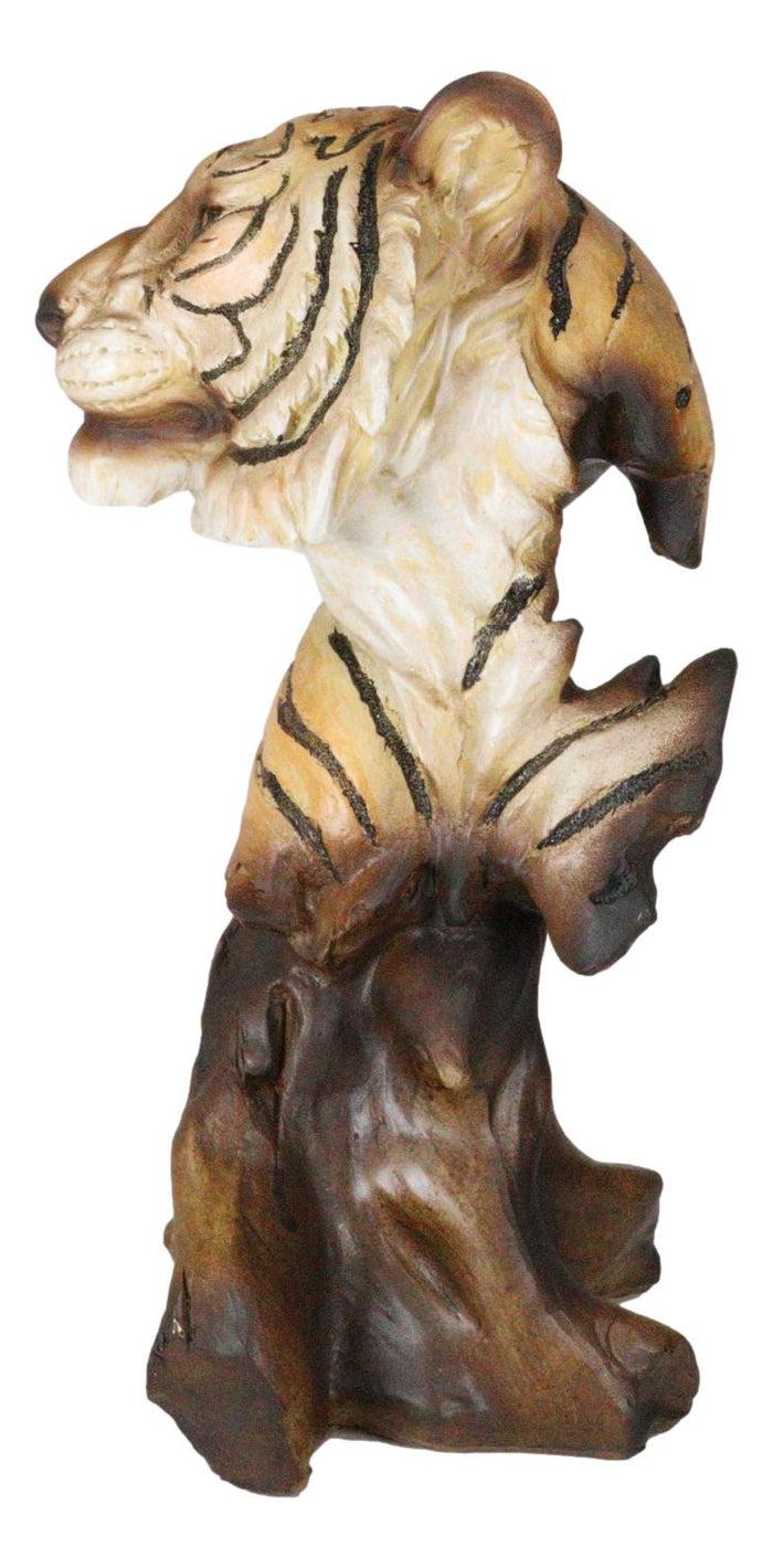 Faux Wood Large Exotic Jungle Wildlife Orange Bengal Tiger Bust Statue 11"Tall