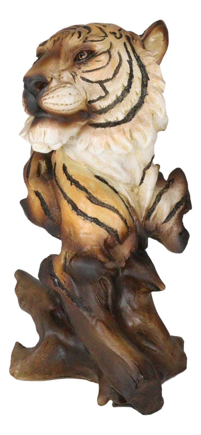 Faux Wood Large Exotic Jungle Wildlife Orange Bengal Tiger Bust Statue 11"Tall
