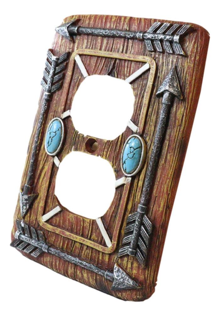 Faux Wood Tribal Indian Turquoise 4 Arrows Double Receptacle Outlets Plates Set