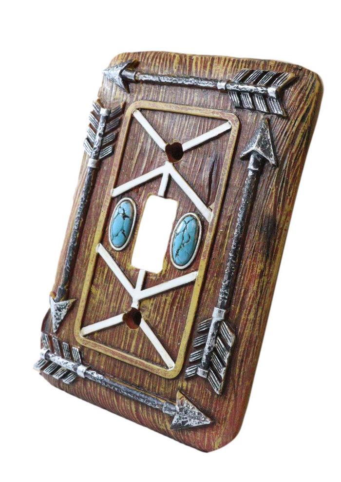 Faux Wood Tribal Indian Turquoise 4 Arrows Wall Single Toggle Switch Plates Set
