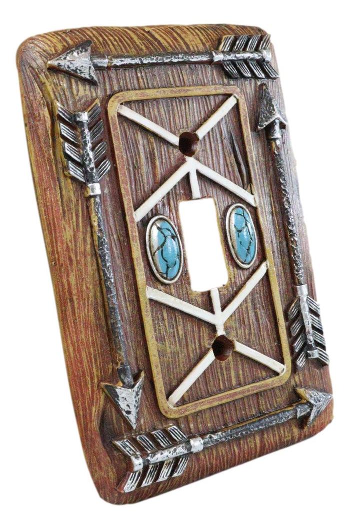 Faux Wood Tribal Indian Turquoise 4 Arrows Wall Single Toggle Switch Plates Set