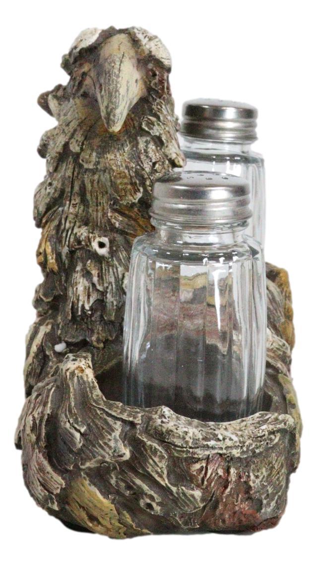 Faux Wooden American Bald Sea Eagle Glass Salt And Pepper Shakers Holder Set