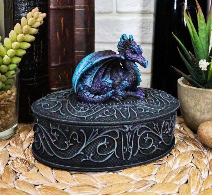 Fearsome Guardian Midnight Blue Dragon Oval Jewelry Trinket Box Figurine Statue