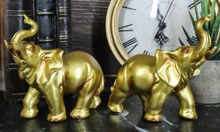 Feng Shui Gold Patina Elephant Left And Right Pair Figurines With Trunks Up Feng Shui Gold Patina Elephant Left And Right Pair Figurines With Trunks Up