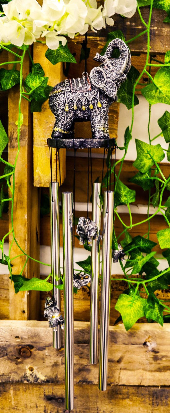 Feng Shui Thai Buddha Elephant In Filigree Art Figurine Crown Garden Wind Chime