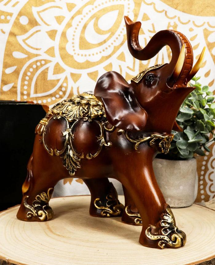 Feng Shui Wood Finished Resin Majestic Asian Elephant With Trunk Up Figurine Feng Shui Wood Finished Resin Majestic Asian Elephant With Trunk Up Figurine