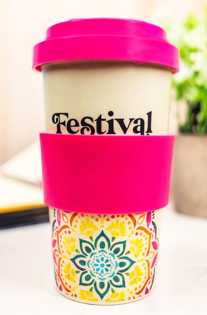 Festival Fuel Mandala Bamboo Fiber Reusable Travel Mug Cup W/ Lid And Sleeve