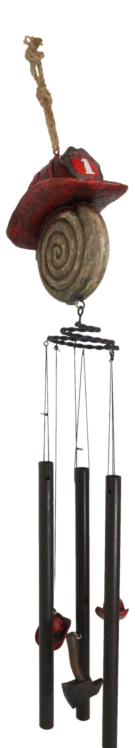 Fire Fighter Axe Fireman Station Number 1 Hat With Coiled Water Hose Wind Chime
