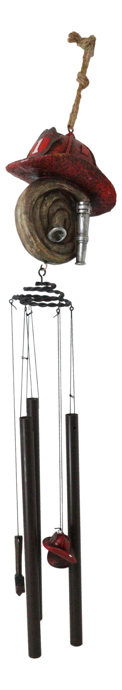 Fire Fighter Axe Fireman Station Number 1 Hat With Coiled Water Hose Wind Chime