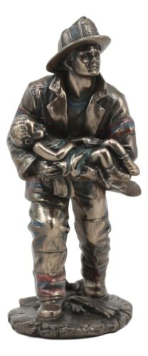 Fireman Saving A Child Statue 7.5" Tall Civil Service Hero Rescue Fire Fighter
