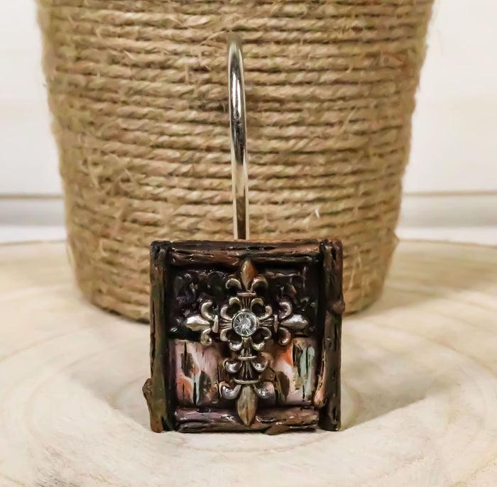Fleur De Lis Cross On Faux Distressed Wood Bathroom Shower Curtain Hooks 12pk