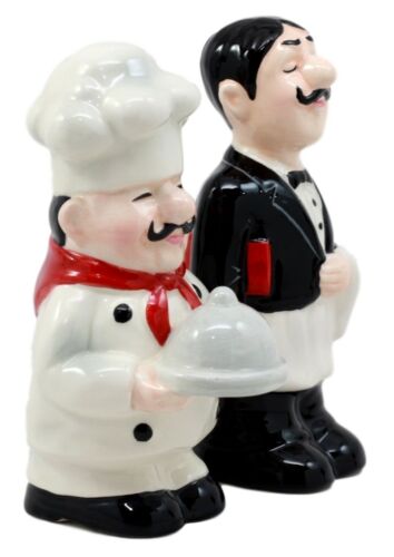 Food Service Head Chef & Waiter Salt & Pepper Shakers Ceramic Magnetic Figurines