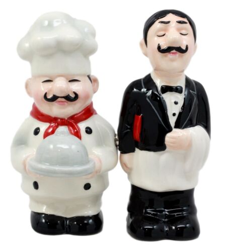 Food Service Head Chef & Waiter Salt & Pepper Shakers Ceramic Magnetic Figurines