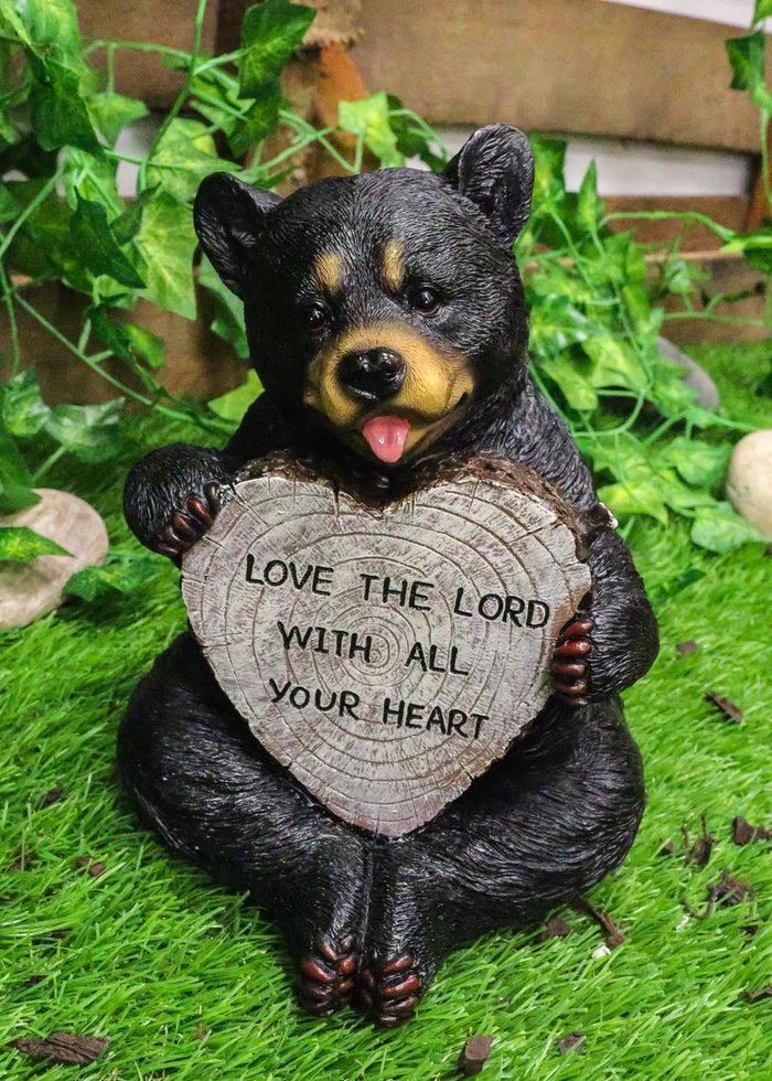 Forest Black Bear Holding Love The Lord With All Your Heart Log Sign Figurine