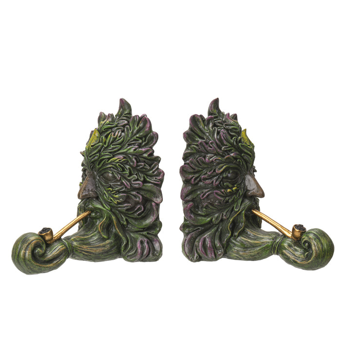 Forest Tree Spirit Ent Celtic Greenman Smoking Golden Pipes Decorative Bookends