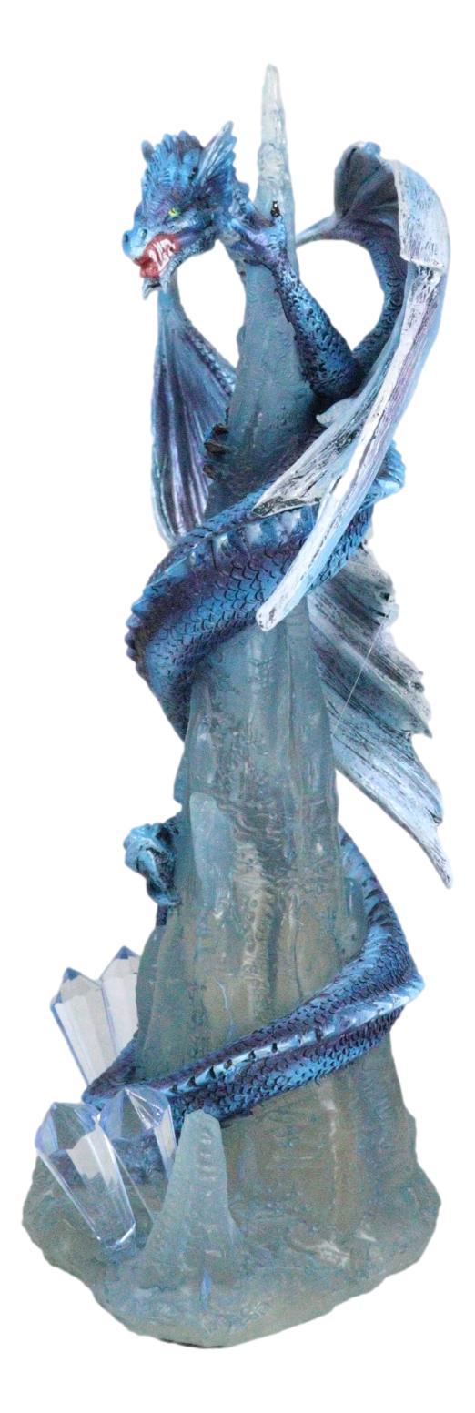 Frozen Stalactite Blue Dragon Serpent On Spiky Ice Mountain Cliff Figurine