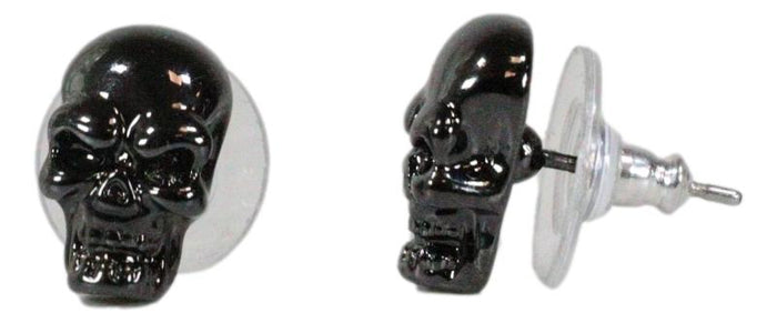Ghastly Gothic Evil Grinning Skulls Gunmetal Stud Earrings Metal Pewter Alloy