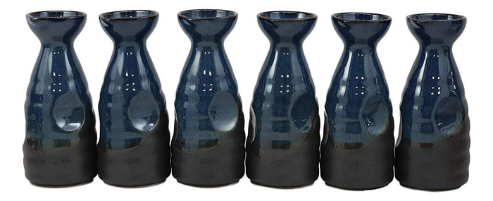 Glazed Ceramic Blue And Black Japanese Wine Sake Tokkuri Flask Pack Of 6 Flasks
