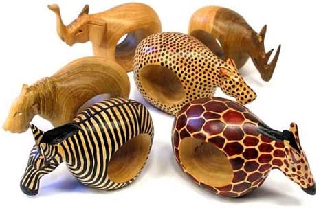Global Crafts Mahogany Wood Animal Napkin Rings - Set Of Six