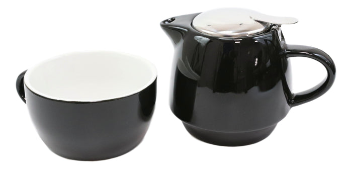 Glossy Black Contemporary Ceramic Stackable Teapot Set Single Tea Pot With Mug