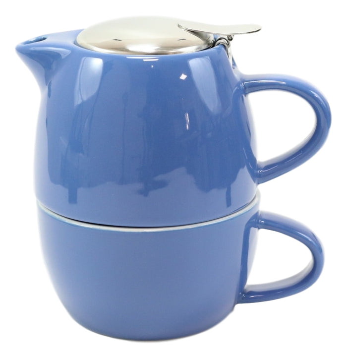 Glossy Blue Contemporary Ceramic Stackable Teapot Set Single Tea Pot With Mug