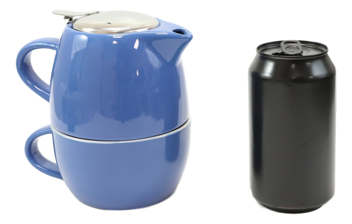 Glossy Blue Contemporary Ceramic Stackable Teapot Set Single Tea Pot With Mug