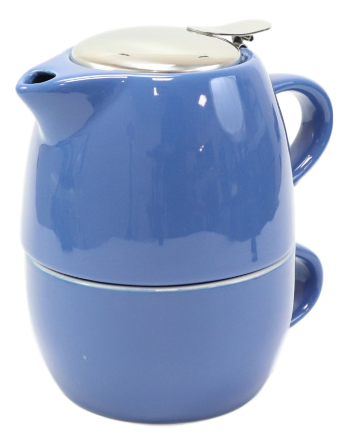 Glossy Blue Contemporary Ceramic Stackable Teapot Set Single Tea Pot With Mug