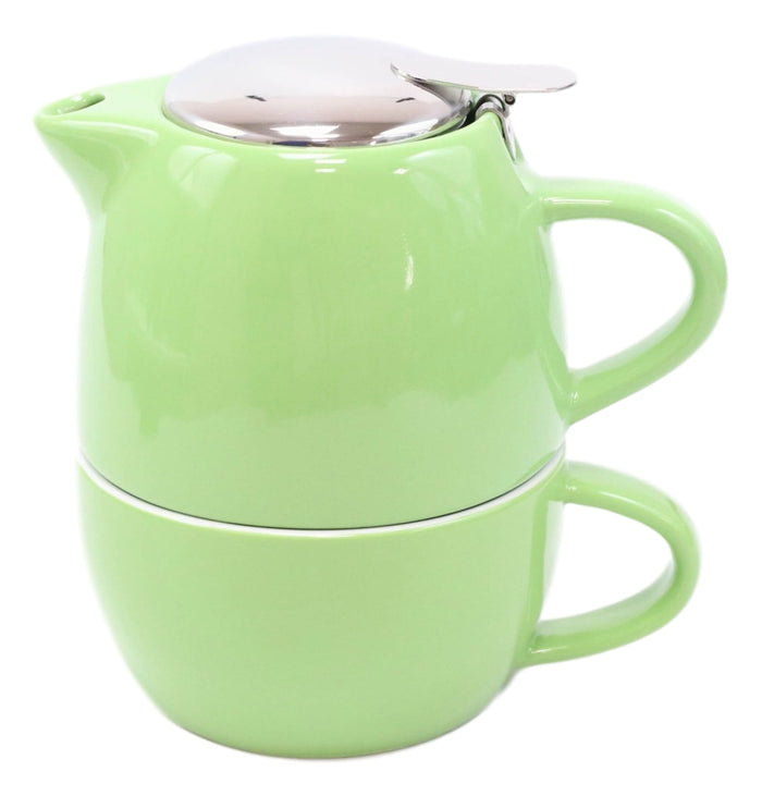 Glossy Green Contemporary Ceramic Stackable Teapot Set Single Tea Pot With Mug