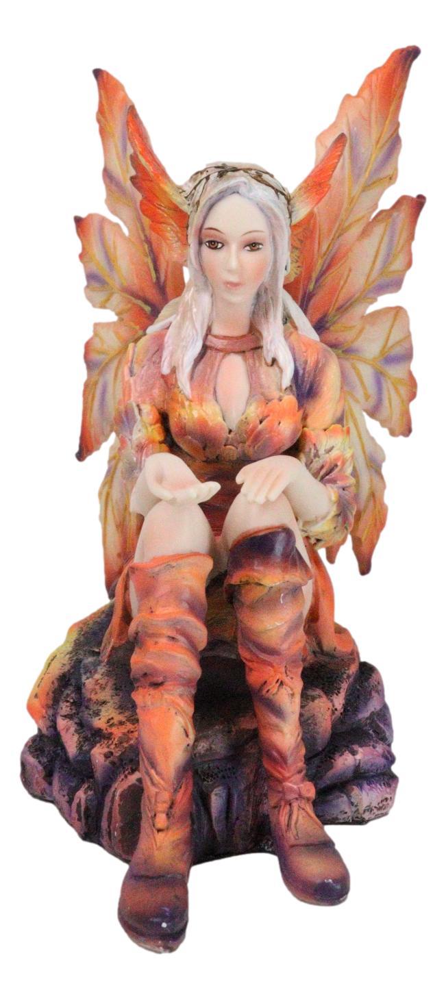 Goddess Of Fire Elemental Pixie Fairy In Ember Pyre Dress Sitting Figurine