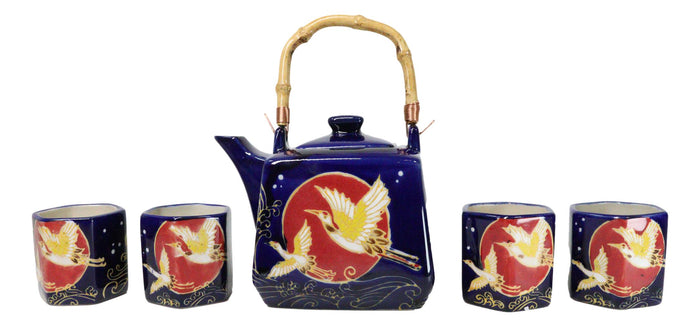 Golden Crane With Red Moon Blue Ceramic Hexagonal Teapot With 4 Tea Cups Set Golden Crane With Red Moon Blue Ceramic Hexagonal Teapot With 4 Tea Cups Set