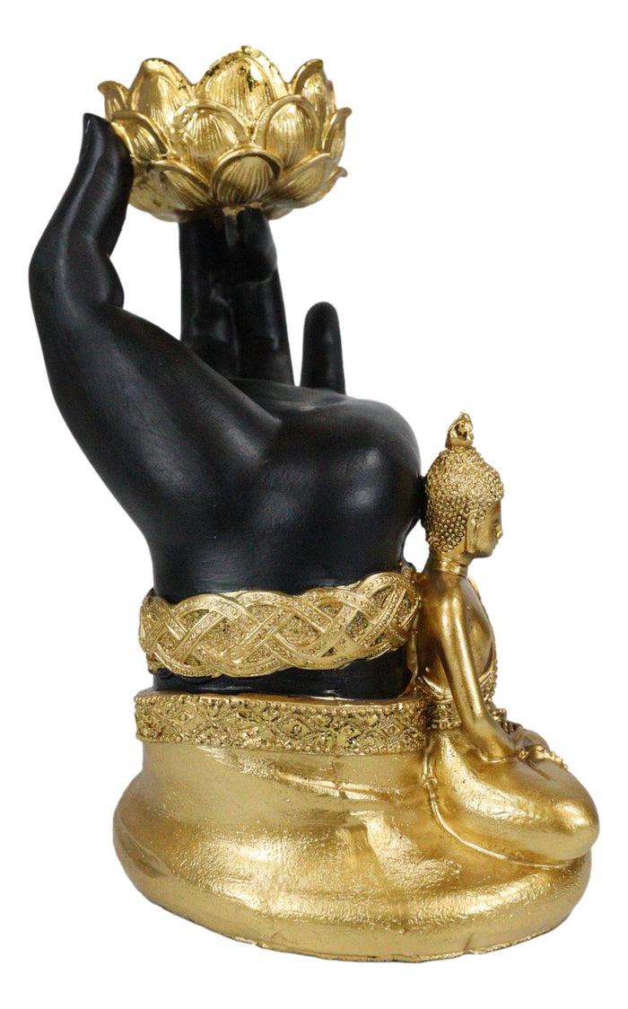 Golden Fire Buddha Meditating By Black Mudra Hand Lotus Votive Candle Holder