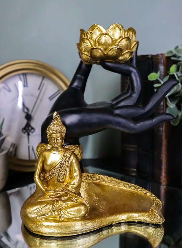 Golden Fire Buddha Meditating By Black Mudra Hand Lotus Votive Candle Holder Golden Fire Buddha Meditating By Black Mudra Hand Lotus Votive Candle Holder