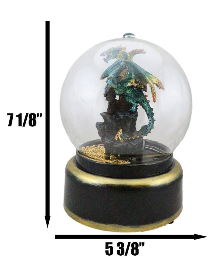 Golden Green Dragon On Castle Mountain Musical LED Air Powered Glitter Globe