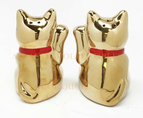 Golden Lucky Fortune Japanese Maneki Neko Cats Ceramic Salt Pepper Shakers