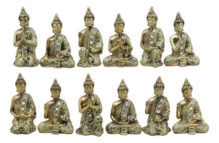 Golden Miniature Meditating Buddha Amitabha Many Mudra Poses Figurine Set Of 12