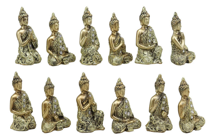 Golden Miniature Meditating Buddha Amitabha Many Mudra Poses Figurine Set Of 12