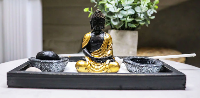 Golden Robe Buddha Monk Zen Garden With Pebbles Sand And Rake Decorative Set Golden Robe Buddha Monk Zen Garden With Pebbles Sand And Rake Decorative Set