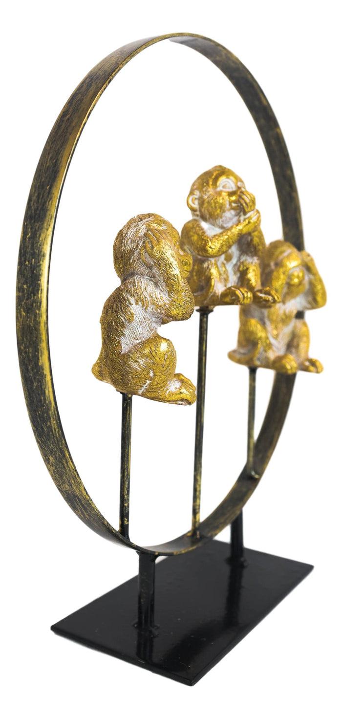 Golden See Hear Speak No Evil Monkeys In Peace Circle Ring Stand Decor Statue