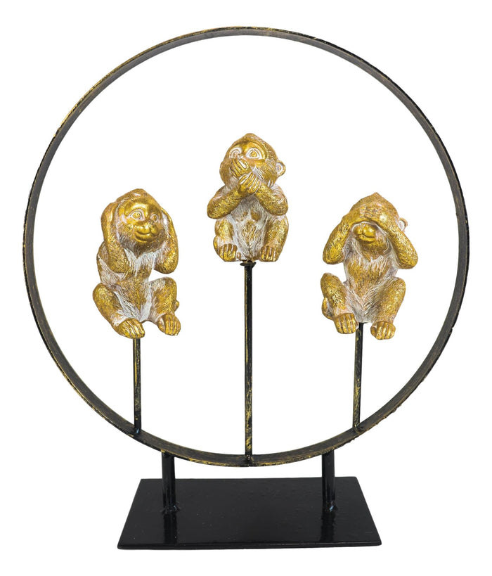 Golden See Hear Speak No Evil Monkeys In Peace Circle Ring Stand Decor Statue